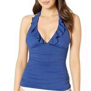 Ralph Lauren 4 indigo blue ruffle ruched halter tankini top swim bathingsuit top